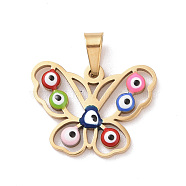 Vacuum Plating 304 Stainless Steel Enamel Pendants, Golden, Hollow, Butterfly with Evil Eye, Colorful, 15x20x2.5mm, Hole: 5x3mm(STAS-D186-09G)