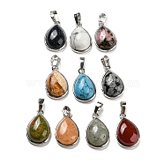 Natural & Synthetic Mixed Gemstone Pendants, Teardrop Charms with Platinum Plated Brass Snap on Bails, 24x15x7.5mm, Hole: 4x8mm(G-I358-B)
