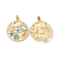 Rack Plating Brass Micro Pave Cubic Zirconia Pendants, with Enamel, Long-Lasting Plated, Cadmium Free & Lead Free, Flat Round with Evil Eye, Real 18K Gold Plated, 30x27x3mm, Hole: 4.3x3.5mm(KK-F852-14G)