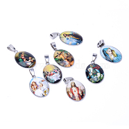 Jesus & Virgin Mary Theme Glass Pendants, with 201 Stainless Steel Findings, Oval, Mixed Color, 29.5x18.5x5~6mm, Hole: 4x6mm(X-GLAA-R193-P)