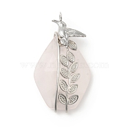 Natural Rose Quartz Pendants, Teardrop Charm, with Stainless Steel Color Plated 304 Stainless Steel Bird Findings, 41x23x10.5mm, Hole: 3mm(G-G870-08P)