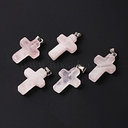 Natural Rose Quartz Pendants, Religion Cross Charms with Platinum Tone Metal Snap on Bails, 25x18x4mm(PW-WG70752-03)