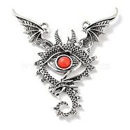 Tibetan Style Alloy Dragon Big Pendants, Evil Eye Charms with Red Resin Beads, Antique Silver, 83x67x5mm, Hole: 3mm(PALLOY-D027-04AS)