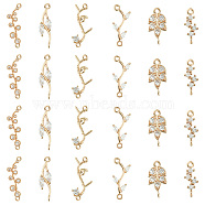 24Pcs 6 Styles Brass Clear Cubic Zirconia Connector Charms, Branch and Leaf Mixed Shapes, Light Gold, 13~23x5~10x2~3mm, Hole: 1~1.5mm, 4pcs/style(KK-FH0004-47)
