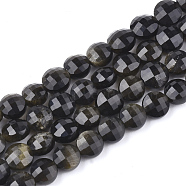 Natural Golden Sheen Obsidian Beads Strands, Faceted, Flat Round, 6x4~4.5mm, Hole: 0.7mm, about 61pcs/strand, 14.96 inch(G-T108-04)