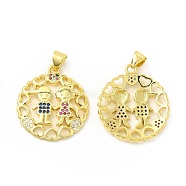 Brass Micro Pave Cubic Zirconia Pendants, Flat Round with Lover & Heart Charm, Golden, Colorful, 24.5x22x3mm, Hole: 4.5x3mm(KK-H441-32G)