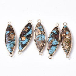 Assembled Synthetic Bronzite & Synthetic Imperial Jasper Links Connectors, with Golden Plated Brass Edge & Iron Loops, Horse Eye, Golden, Sky Blue, 44~45x13~14x5mm, Hole: 2.5mm(G-S366-043)