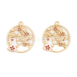 Rack Plating Alloy Enamel Pendants, Golden, Flat Round with Rabbit & Flower Charm, Red, 28x25x1.5mm, Hole: 1.8mm(FIND-A040-05A-01G)