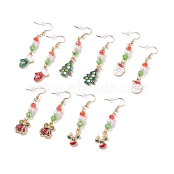 Enamel Christmas Theme Charm with Glass Pearl Dangle Earrings, Gold Plated Brass Jewelry for Women, Mixed Color, 57~65mm, Pin: 0.8mm(EJEW-JE04961)