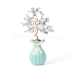 Natural & Synthetic Gemstone Chips with Brass Wrapped Wire Money Tree on Ceramic Vase Display Decorations, for Home Office Decor Good Luck , 150x81x280mm(DJEW-B007-01C)