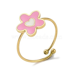 Ion Plating(IP) Flower 304 Stainless Steel Enamel Ring, Nickel Free, 316 Surgical Stainless Steel Open Cuff Ring for Women, Real 18K Gold Plated, Pearl Pink, Adjustable(RJEW-A038-18G-02)