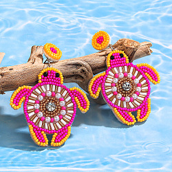 Bohemian Glass Seed Beaded & Non-woven Fabrics Dangle Stud Earrings, Flat Round with Tortoise, Platinum, Deep Pink, 72x52mm(FS-WG810D5-02)