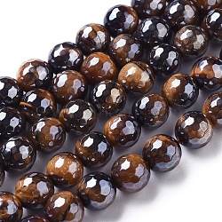 Electroplated Natural Tiger Eye Beads Strands, Faceted, Round, Saddle Brown, 8mm, Hole: 1mm, about 47~48pcs/strand, 15.1~15.5 inch(38.5~39.5cm)(G-F660-01-8mm)