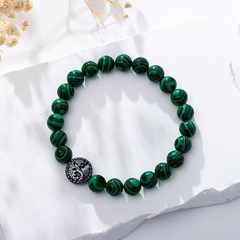 Synthetic Malachite Stretch Bracelet with Tree of Life