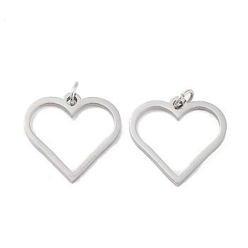 304 Stainless Steel Pendants, Laser Cut, with Jump Ring, Stainless Steel Color, Heart, 14.5x15x1mm, Hole: 2mm