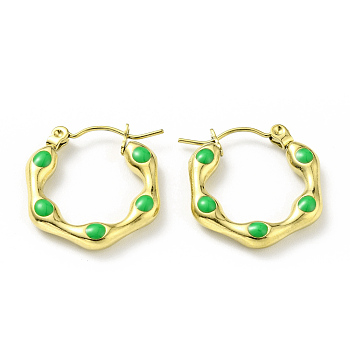 Ion Plating(IP) 304 Stainless Steel Hexagon Hoop Earrings with Enamel for Women, Golden, Lime Green, 20x19x3mm, Pin: 0.8mm