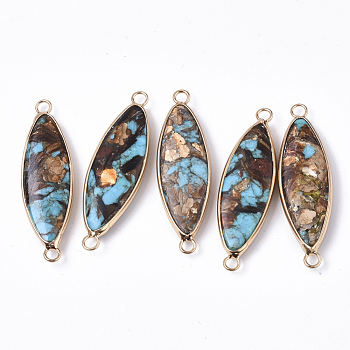Assembled Synthetic Bronzite & Synthetic Imperial Jasper Links Connectors, with Golden Plated Brass Edge & Iron Loops, Horse Eye, Golden, Sky Blue, 44~45x13~14x5mm, Hole: 2.5mm