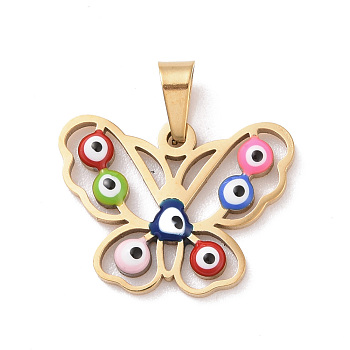 Vacuum Plating 304 Stainless Steel Enamel Pendants, Golden, Hollow, Butterfly with Evil Eye, Colorful, 15x20x2.5mm, Hole: 5x3mm