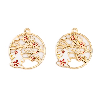 Rack Plating Alloy Enamel Pendants, Golden, Flat Round with Rabbit & Flower Charm, Red, 28x25x1.5mm, Hole: 1.8mm
