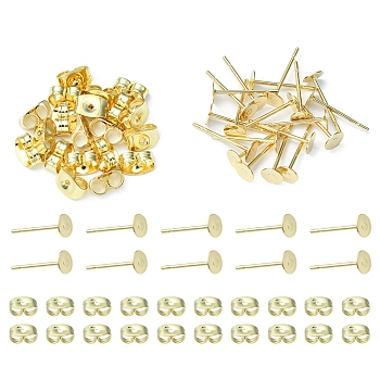 20Pcs 304 Stainless Steel Stud Earring Findings, Flat Round Pad Base Earring Settings, with 20Pcs Friction Ear Nuts, Golden, 4x0.3mm, Pin: 0.7mm