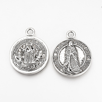 Tibetan Style Alloy Pendants, Flat Round, Cadmium Free & Lead Free, Saint Sarah Medal, Antique Silver, 40x33x4mm, Hole: 4mm, about 70pcs/1000g