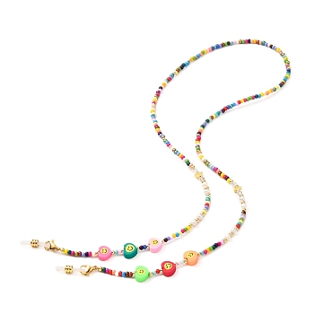 Glass Seed Beads Eyeglasses Chains, with Heart Polymer Clay Beads, Neck Strap for Eyeglasses, with Rubber Loop Ends, Colorful, 680mm