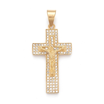 Easter 304 Stainless Steel Big Pendants, with Crystal Rhinestone, Crucifix Cross, Golden, 53.5x30x7mm, Hole: 8x11.5mm