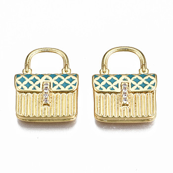 Brass Micro Pave Cubic Zirconia Enamel Pendants, Nickel Free, Real 16K Gold Plated, Bag, Dark Turquoise, 20x15.5x4mm, Hole: 6.5x8mm