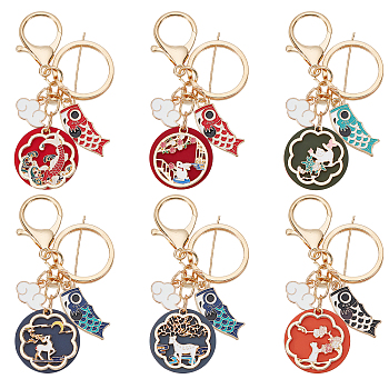 6Pcs 6 Style Chinese Style Alloy Enamel Keychains, with Iron Finding, Lobster Clasp, with Enamel Fish Charm, Mixed Shapes, Mixed Color, 9.4cm, 1pc/style