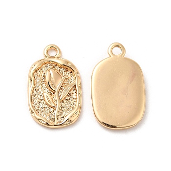 Brass Charms, Oval with Flower Charm, Real 18K Gold Plated, 14.5x9x1.5mm, Hole: 1.2mm