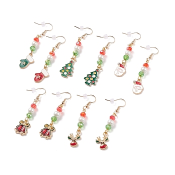 Enamel Christmas Theme Charm with Glass Pearl Dangle Earrings, Gold Plated Brass Jewelry for Women, Mixed Color, 57~65mm, Pin: 0.8mm