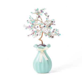 Natural & Synthetic Gemstone Chips with Brass Wrapped Wire Money Tree on Ceramic Vase Display Decorations, for Home Office Decor Good Luck , 150x81x280mm