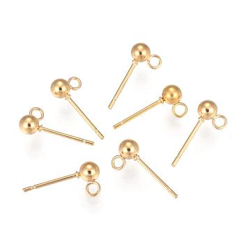 202 Stainless Steel Ball Stud Earring Findings, with 304 Stainless Steel Pins and Loop, Round, Real 18k Gold Plated, 15mm, Hole: 1.7mm, Pin: 0.7mm