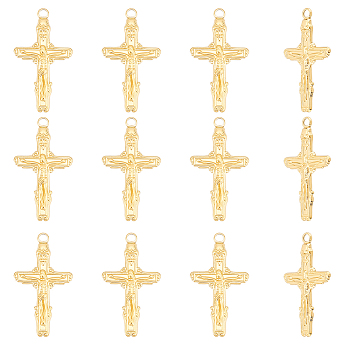12Pcs Ion Plating(IP) 304 Stainless Steel Pendants, Crucifix Cross Charm, Real 18K Gold Plated, 37x20x2mm, Hole: 2.8mm