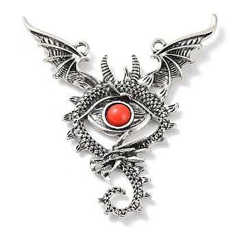 Tibetan Style Alloy Dragon Big Pendants, Evil Eye Charms with Red Resin Beads, Antique Silver, 83x67x5mm, Hole: 3mm