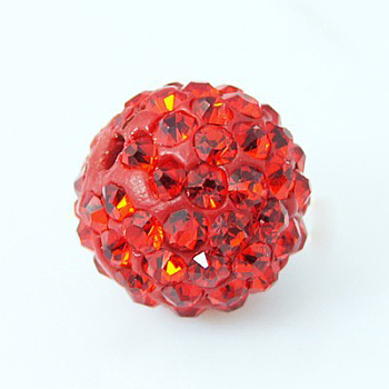Polymer Clay Rhinestone Beads, Pave Disco Ball Beads, Grade A, Round, Half Drilled, Light Siam, 10mm, Hole: 1mm