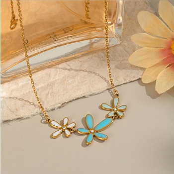 304 Stainless Steel Sky Blue Enamel with Crystal Rhinestone Triple Flower Pendant Necklaces for Women, Ion Plating(IP), Cadmium Free & Nickel Free & Lead Free, Real 18K Gold Plated, 16.14 inch(41cm)