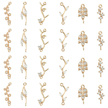 24Pcs 6 Styles Brass Clear Cubic Zirconia Connector Charms, Branch and Leaf Mixed Shapes, Light Gold, 13~23x5~10x2~3mm, Hole: 1~1.5mm, 4pcs/style