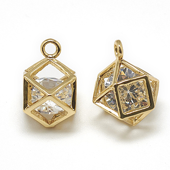 Brass Cubic Zirconia Charms, Polyhedron, Clear, Real 18K Gold Plated, 13x8x10mm, Hole: 1mm