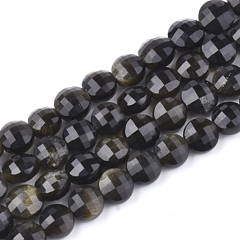 Natural Golden Sheen Obsidian Beads Strands, Faceted, Flat Round, 6x4~4.5mm, Hole: 0.7mm, about 61pcs/strand, 14.96 inch
