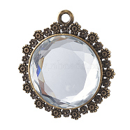 Alloy Glass Pendants, Faceted, Nickel Free, Flat Round with Flower, Antique Bronze, 45.5x41.5x6.5mm, Hole: 3mm(GLAA-G061-01AB-NF)