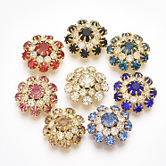 Golden Plated Brass Shank Buttons, with Rhinestone, 1-Hole, Flower, Mixed Color, 22x22x9mm, Hole: 1.2mm(RB-S066-09G)