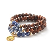 Dual-use Items, Three Loops Natural Blue Spot Jasper & Wood Round Beaded Wrap Bracelets or Beaded Necklaces, Tree of Life Charm Bracelets for Women, Golden, 23-1/8 inch(58.8cm)(BJEW-JB07730)