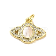 Brass Micro Pave Clear Cubic Zirconia Pendants, with Shell, Jump Ring, Planet, Real 18K Gold Plated, 14x18.5x3mm, Hole: 3.5mm(KK-K365-21G)