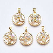 Brass Micro Pave Clear Cubic Zirconia Pendants, with White Sea Shell, Nickel Free, Flat Round with Flower, Real 18K Gold Plated, 16x14x5mm, Hole: 2.5x4.5mm(KK-Q277-019-NF)