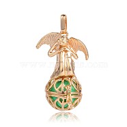 Golden Plated Brass Hollow Round Cage Pendants, with No Hole Spray Painted Brass Round Beads, Angel, Medium Spring Green, 44x29x20mm, Hole: 3x8mm(KK-J249-03G)