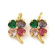 Brass with Colorful Cubic Zirconia Charms, Clover Charms, Real 18K Gold Plated, 12x8x4.5mm, Hole: 3.5mm(KK-G490-19G)