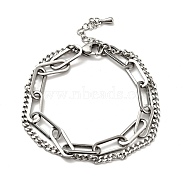 201 Stainless Steel Paper & Curb Chains Double Layered Multi-strand Bracelet for Women, Stainless Steel Color, 7-1/2 inch(19.2cm)(BJEW-A126-19P)