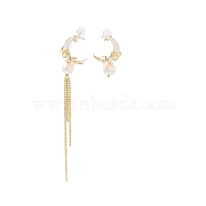 Natural Pearl & Shell Asymmetrical Stud Earrings, with Brass Findings and 925 Sterling Silver Pins, Moon, Real 14K Gold Plated, 23~83.5x15mm(EJEW-P256-28G)