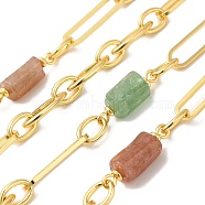 Natural Strawberry Quartz Faceted Irregular Column Beaded Chains, with Rack Plating Real 18K Gold Plated Brass Oval Link Chains, Unwelded, Long-Lasting Plated, Lead Free & Cadmium Free, 20~22x6.5~8.5x6.5~8mm, 22x6x1mm, 9x6.35x1mm(CHC-H105-02G-02)